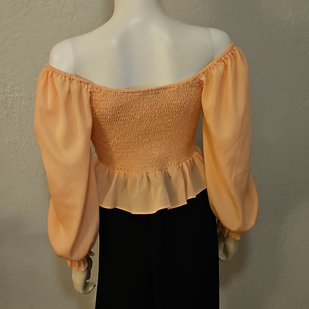 SHE & SKY Peach Off-Shoulder Ruched Peplum Ruffle Smocked Cropped Top - Picture 6 of 8